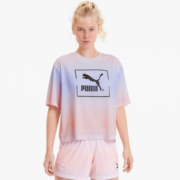 NWT Puma Mesh Crop Tie Dye Ombré Tee In Purple - Picture 1 of 7